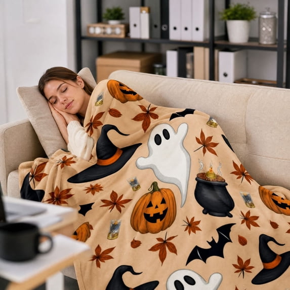 Halloween Ghost Witch Flannel Throw Blanket, Pumpkin Cauldron Autumn Print Cover for Couch, Sofa and Bedroom