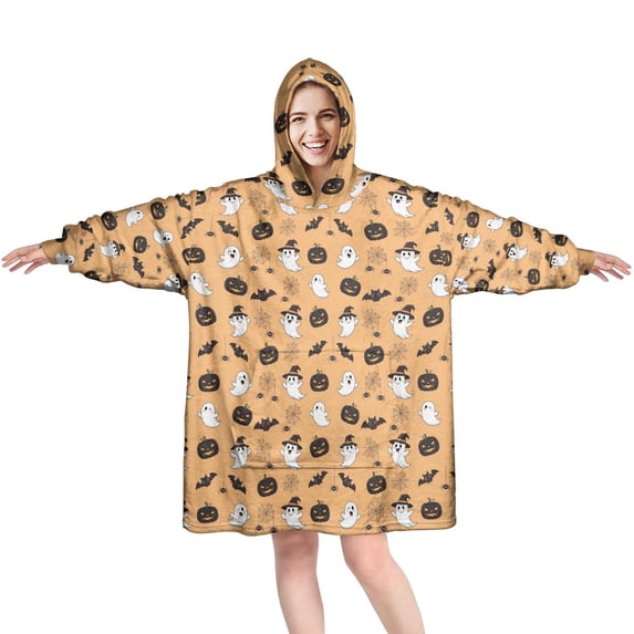 Halloween Ghost Witch Orange Wearable Blanket Hoodie, Flannel Oversized Wearable Blanket with Sleeves & with Sleeves & Pockets, Soft Cozy Gifts Ideas for Adult Men Women