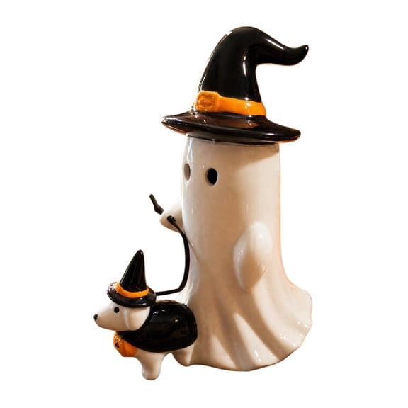 Halloween Ghost Witch With Puppy Figurine, Cute Resin Ghost Walking Dog Statue, Fall Tabletop Decoration for Mantel, Shelf, Entryway and Party Decor