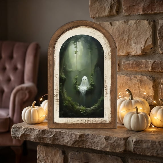 Halloween Ghost Wooden Double-Layer Sign Decoration, Vintage Tabletop Ornament for Wall Hanging Rustic Farmhouse Mantel Shelf Entryway Display
