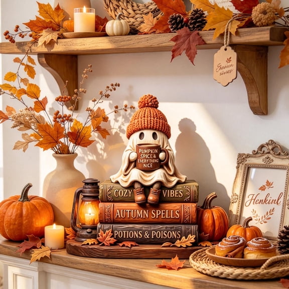 Halloween Ghost Wooden Figurine 5.91", Knit Hat Pumpkin Book Stack Table Decor for Fall Thanksgiving Mantel Shelf Home Desktop Decoration