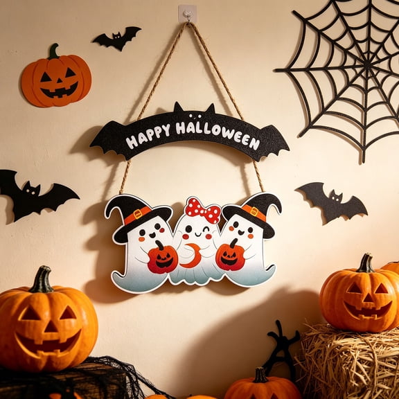 Halloween Ghost Wooden Sign,Bat Happy Halloween Printed Hanging Plaque,Pre-Roped Door Ornament for Front Door,Wall,Porch,Window,Home Decor