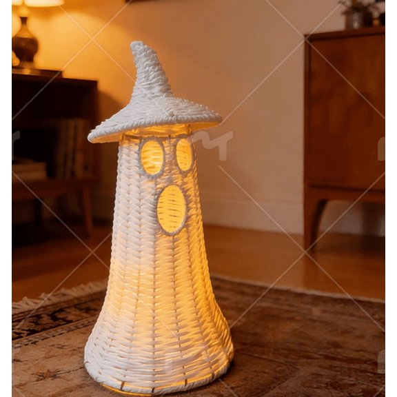 Halloween Ghost Woven Decor – Rattan White Ghost Centerpiece with Witch Hat – Creative Spooky Home Halloween Decoration for Fireplace, Tabletop & Porch Display& Gift for Farmhouse Decor