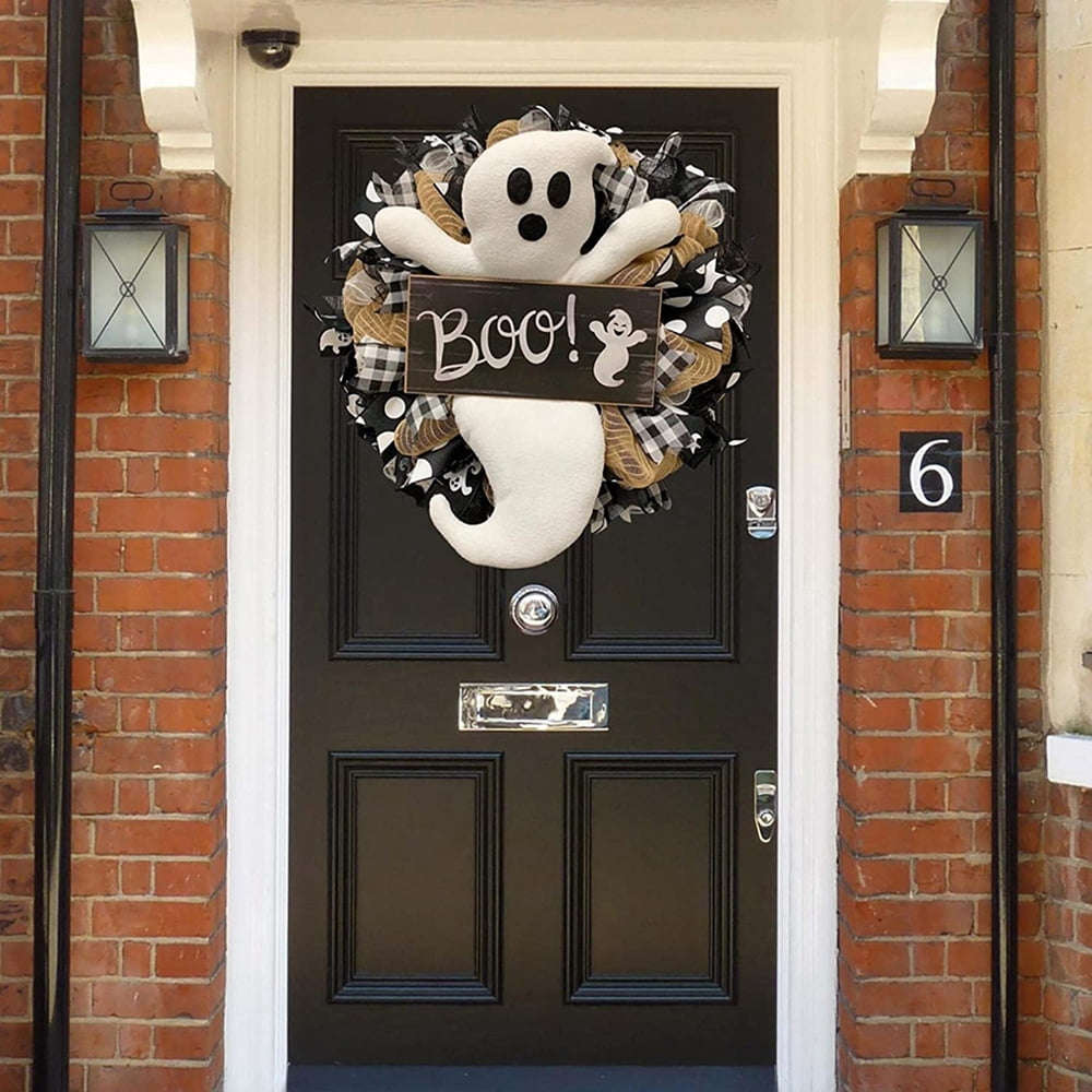 Halloween Ghost Wreath Boo Front Door Decor Wreath, Welcome Wreath for Wall Porch Farmhouse Patio Garden Festival Window Party Decor