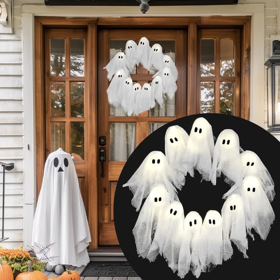 Halloween Ghost Wreath with LED Lights, 36cm Fabric Door Wreath, Lighted Hanging Halloween Decoration for Front Door, Wall, Indoor Outdoor Decor