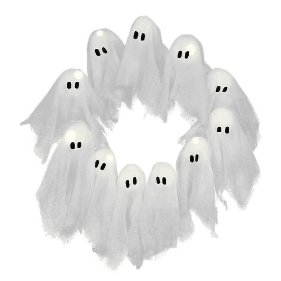 Halloween Ghost Wreath with LED Lights, 36cm Fabric Door Wreath, Lighted Hanging Halloween Decoration for Front Door, Wall, Indoor Outdoor Decor
