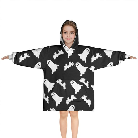 Halloween Ghost and Bat Silhouette Pattern Blanket Hoodies for Kids 6-13YR Oversize Wearable Blanket Hoodies for Boys Girls Teens