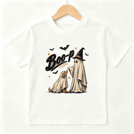 Halloween Ghost and Dog Boop Short Sleeve Crewneck Cotton Kids T-Shirt