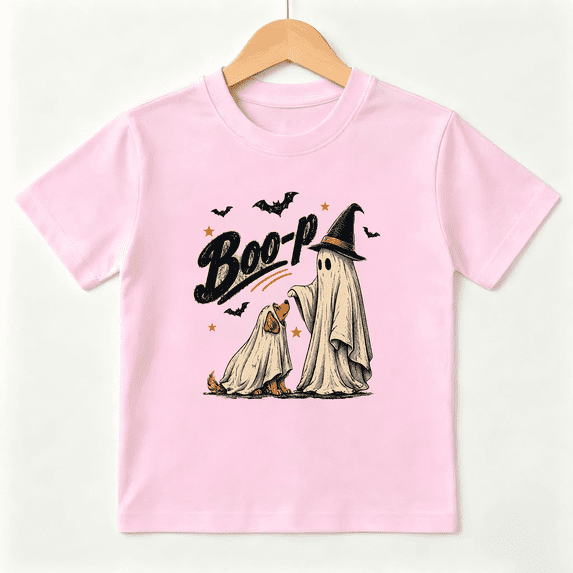 Halloween Ghost and Dog Boop Short Sleeve Crewneck Cotton Kids T-Shirt