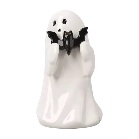 Halloween Ghost with Bat Ceramic Figurine – 4.5" White Glazed Mini Ghost Statue for Home, Office, Gift Décor