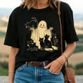thumbnail image 1 of Halloween Ghost with Black Cats Vintage T-Shirt – Spooky Retro Graphic Tee for Fall, 1 of 5