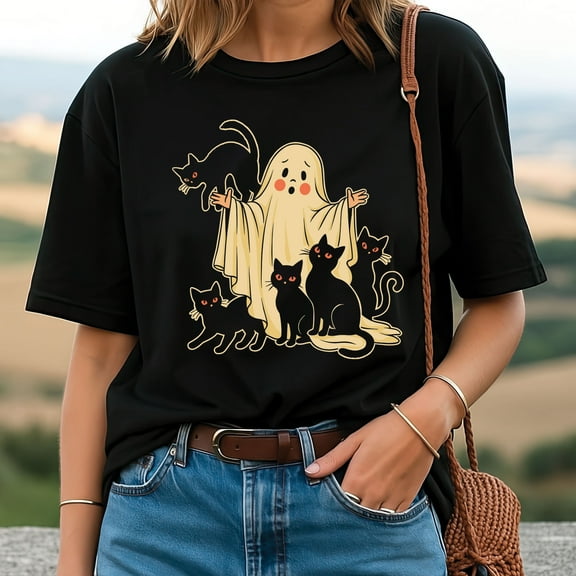 Halloween Ghost with Black Cats Vintage T-Shirt – Spooky Retro Graphic Tee for Fall