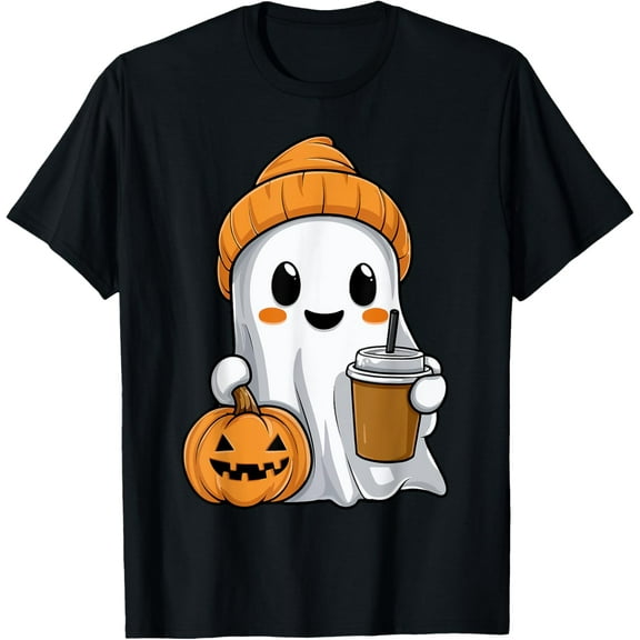Halloween Ghost with Funny Iced Coffee Pumpkin Orange Beanie T-Shirt