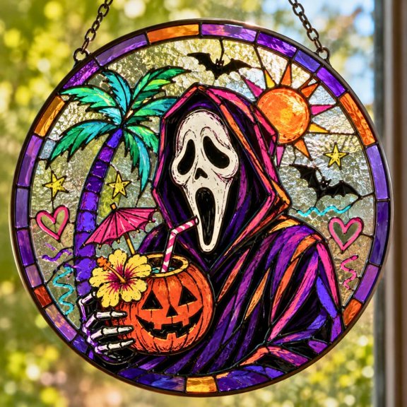 Halloween Ghostface Suncatcher, Tropical Halloween Stained Glass Window Hanging, Pumpkin Cocktail Ghost Decor, Spooky Summer Gift