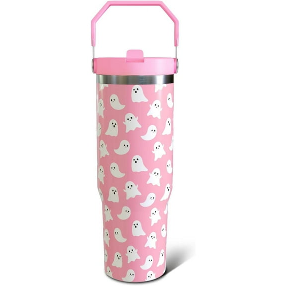 Halloween Ghosts 30oz Tumbler Gifts for Women Girls, Cute Spooky Stainless Steel Insulated Cup, Top Handle and Flip Straw Water Bottle Mug, Holiday Gifts
