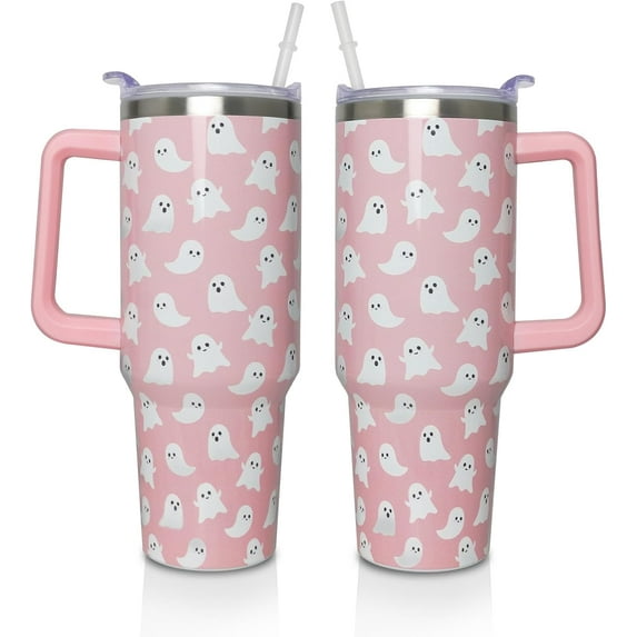 Halloween Ghosts 40 Oz Tumbler with Handle and Straw, Cute Spooky Stainless Steel Double Walled Vacuum Insulated Cup, Holiday Gifts for Women Girls