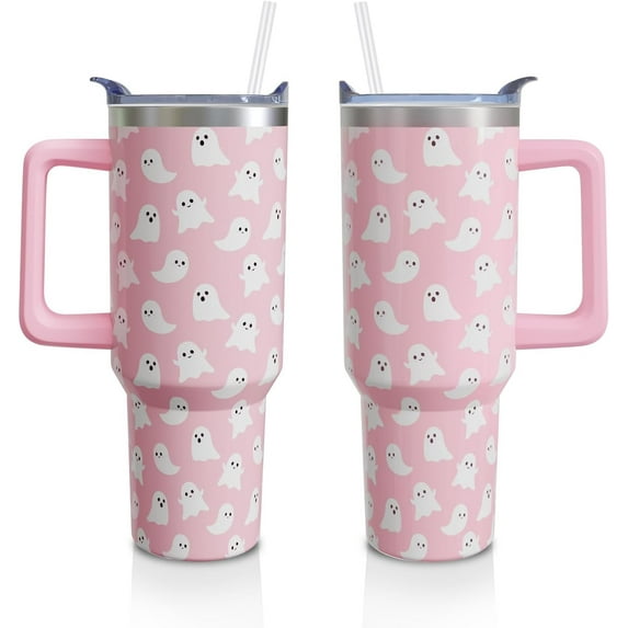 Halloween Ghosts 40 Oz Tumbler with Handle and Straw, Cute Spooky Stainless Steel Double Walled Vacuum Insulated Cup, Holiday Gifts for Women Girls