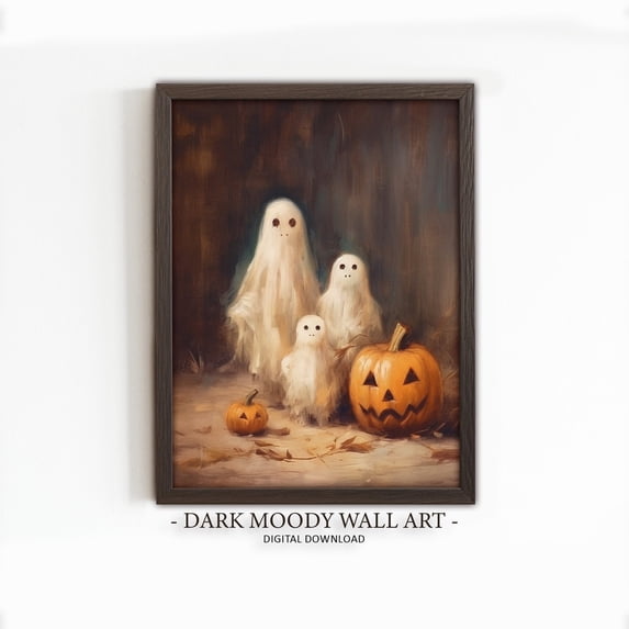 Halloween Ghosts And Pumpkins Wall Art Print, Whimsical Moody Autumn ...