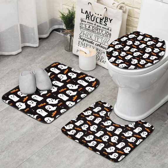 Halloween Ghosts and Bats Pattern Bathroom Rugs Sets 3 Piece,Toilet Cover Set,Absorbent Non Slip Bathroom Mats Sets with U-Shaped Contour Rug Toilet Rug Set