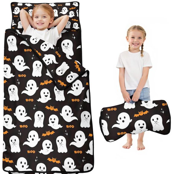 Halloween Ghosts and Bats Pattern Toddler Nap Mats for Kids Preschool,50"x20" Sleeping Mat Bag or Kids,Toddler Sleeping Bag,Toddler Nap Mat or Daycare