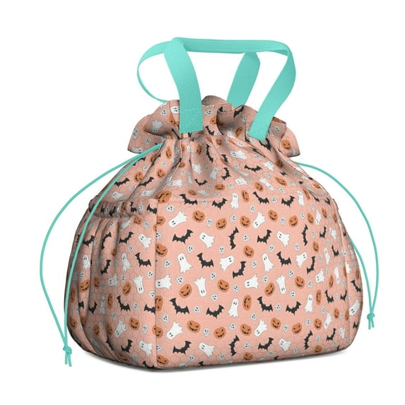 Halloween Ghosts Bats and Pumpkins Drawstring Lunch Bag Women - Drawstring Lunch Bag Insulated for Work Office - Stain-Resistant Large Lunchbags for Women with Multi-Pockets