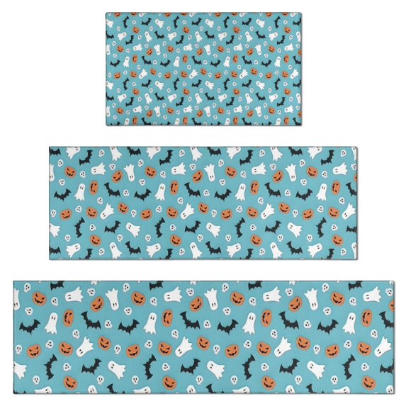 Halloween Ghosts Bats and Pumpkins Kitchen Rugs Sets Of 3,Kitchen Runner Rugs Non Skid Washable,Decorative Kitchen Floor Mats for Kitchen,Sink,Laundry,17"x30"+ 17"x47" + 17"x59"