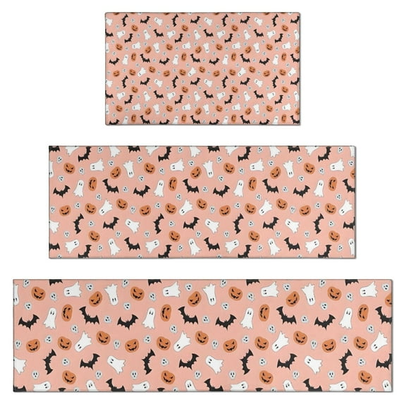 Halloween Ghosts Bats and Pumpkins Kitchen Rugs Sets Of 3,Kitchen Runner Rugs Non Skid Washable,Decorative Kitchen Floor Mats for Kitchen,Sink,Laundry,17"x30"+ 17"x47" + 17"x59"