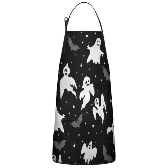 Halloween Ghosts Bats and Stars Apron-Garden Aprons for Women with Pockets-Cotton Linen Waterproof Kitchen Cooking Gardening Aprons Adjustable for Kitchen,Cooking,BBQ and Salon 33"x27"