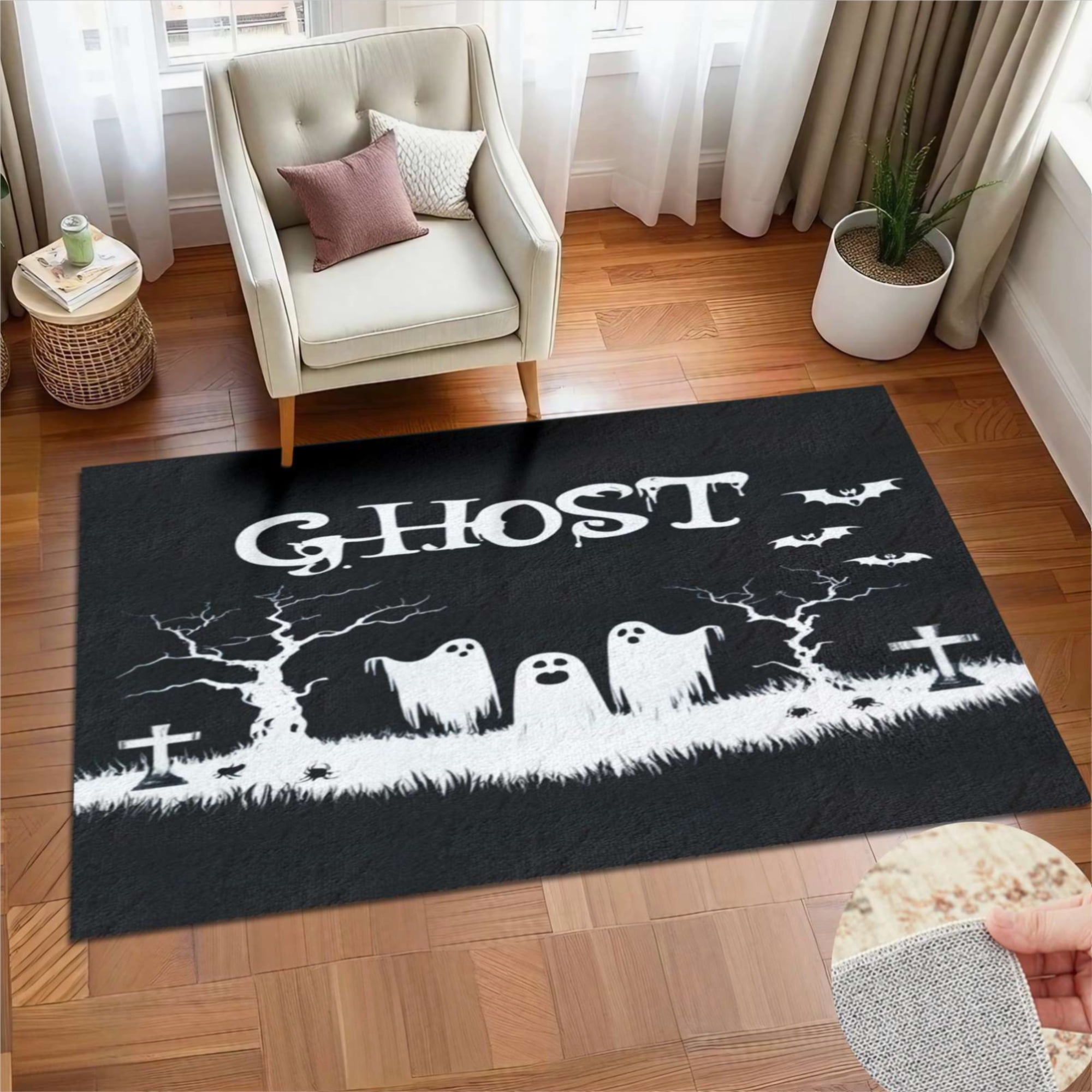 Halloween Ghosts Bats Trees Soft Large Area Rugs Washable Rug With Non ...