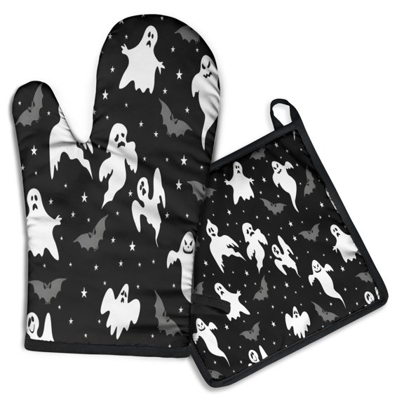 Halloween Ghosts Bats and Stars Kitchen Oven Mitt and Pot Holder Sets 2 Pcs for Baking, Cooking and Grilling, Heat Resistant Up To 392 °F