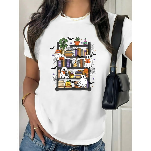 Halloween Ghosts Bookshelf Graphic Tee Colorful Spooky Design Literary Comfort Cotton T-Shirt White S-5XL