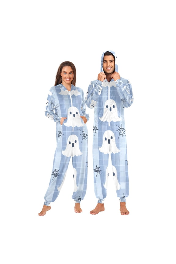 Halloween Ghosts Cute Adult Onesie Pajamas Slim Fit Christmas One Piece Suit Pjs for Women and Men Hooded Zipper