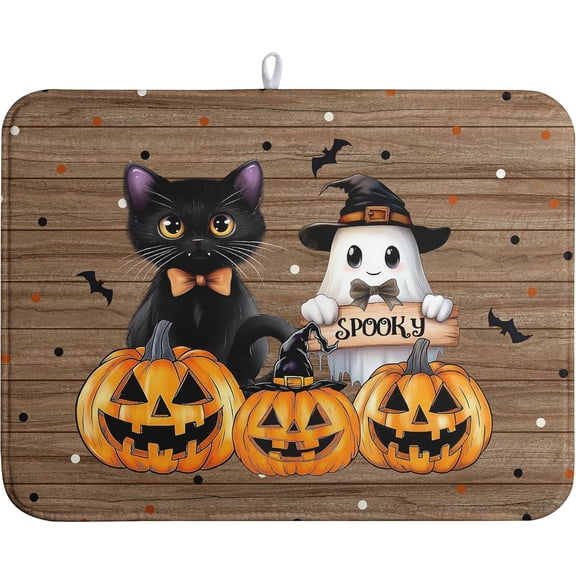 Halloween Ghosts Dish Drying Mat Black and White Large Kitchen Mats Dish Drying Pad Absorbent Dish Dryer Mat for Kitchen Countertops Microfiber Drainer Pad Dish Drying Mats (18x24 in)