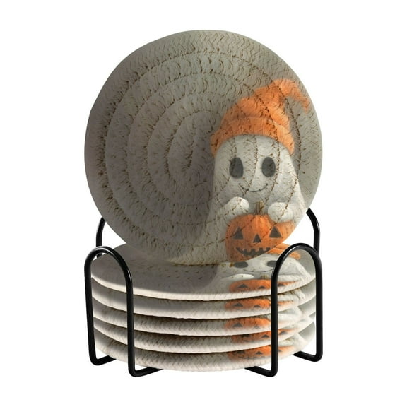 Halloween Ghosts Holding Pumpkins Drink Coasters with Holder Absorbent Coaster for Coffee Table Room Decor 6 Pack