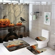 Halloween Ghosts Horror Pumpkin 4 Pcs Shower Curtain Set with Rug Bathroom Sets with Waterproof Fabric And Non-Slip Rugs Toilet Lid Cover Bath Mat Decor with Hooks