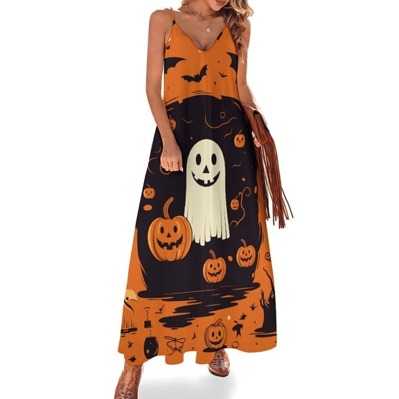 Halloween Ghosts Horror Pumpkin Design Sleeveless Dress Woman Fashion Long Dresses Women's Summer Suit Dress 2025
