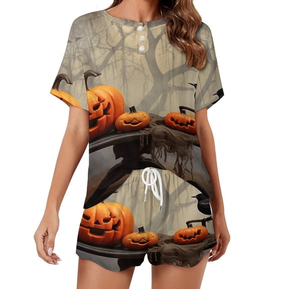 Halloween Ghosts Horror Pumpkin Pajama Set for Women 2 Piece Sleepwear Loungewear Short Sleeve