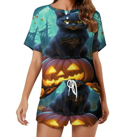 Halloween Ghosts Horror Pumpkin Pajama Set for Women 2 Piece Sleepwear Loungewear Short Sleeve