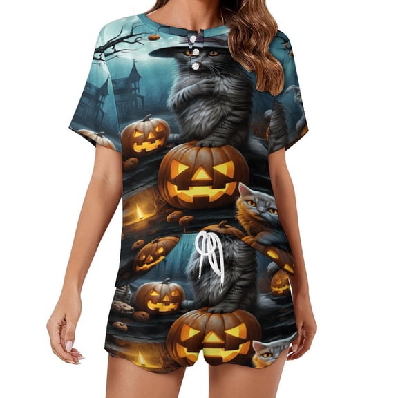 Halloween Ghosts Horror Pumpkin Pajama Set for Women 2 Piece Sleepwear Loungewear Short Sleeve