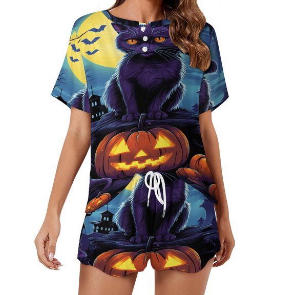 Halloween Ghosts Horror Pumpkin Pajama Set for Women 2 Piece Sleepwear Loungewear Short Sleeve