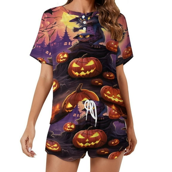 Halloween Ghosts Horror Pumpkin Pajama Set for Women 2 Piece Sleepwear Loungewear Short Sleeve