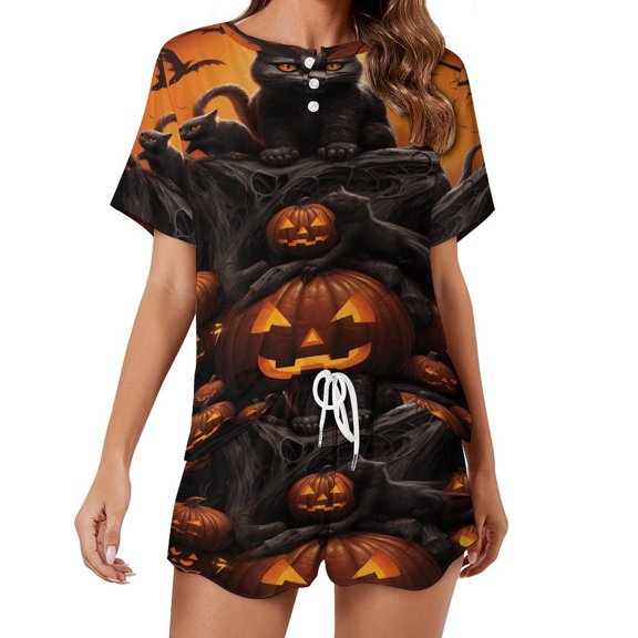 Halloween Ghosts Horror Pumpkin Pajamas Set Womens Loungewear Sleepwear 2 Piece PJ Sets