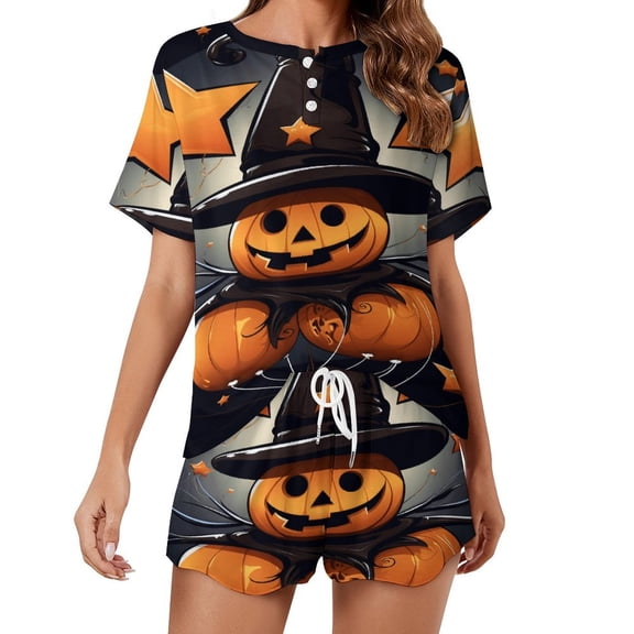 Halloween Ghosts Horror Pumpkin Pajamas Set Womens Loungewear Sleepwear 2 Piece PJ Sets