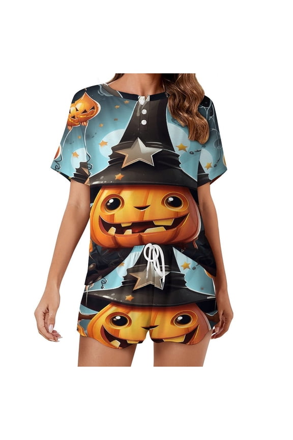 Halloween Ghosts Horror Pumpkin Pajamas Set Womens Loungewear Sleepwear 2 Piece PJ Sets