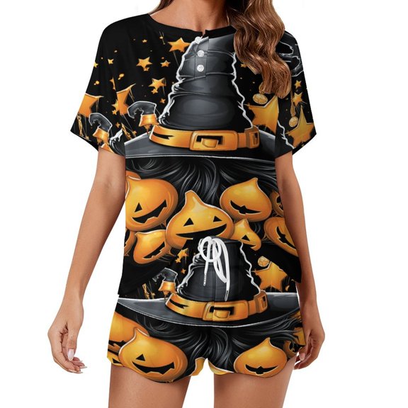 Halloween Ghosts Horror Pumpkin Pajamas Set Womens Loungewear Sleepwear 2 Piece PJ Sets
