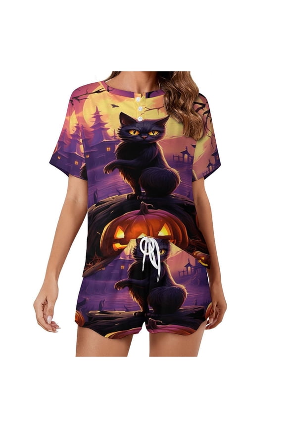 Halloween Ghosts Horror Pumpkin Pajamas Set Womens Loungewear Sleepwear 2 Piece PJ Sets