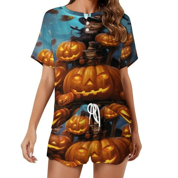 Halloween Ghosts Horror Pumpkin Pajamas Set Womens Loungewear Sleepwear 2 Piece PJ Sets