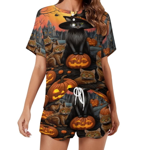 Halloween Ghosts Horror Pumpkin Women's Ruffle Short Sleeve Tops And Shorts Cute Peeps Bunny Pajamas Sets