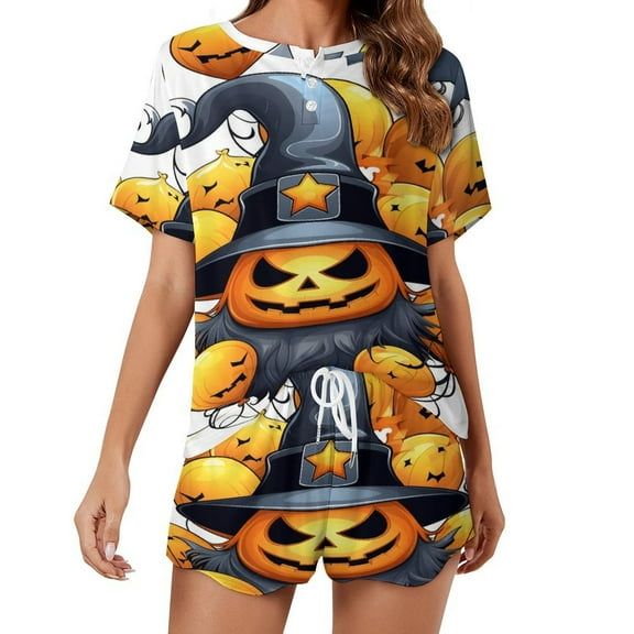 Halloween Ghosts Horror Pumpkin Women's Ruffle Short Sleeve Tops And Shorts Cute Peeps Bunny Pajamas Sets