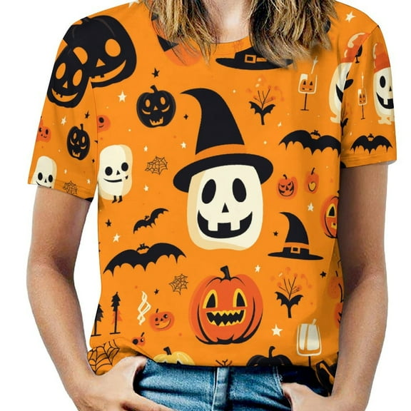 Halloween Ghosts Horror Pumpkin Women's Short Sleeve T-Shirt Crew Neck Casual Summer Trendy Loose Fit Tops